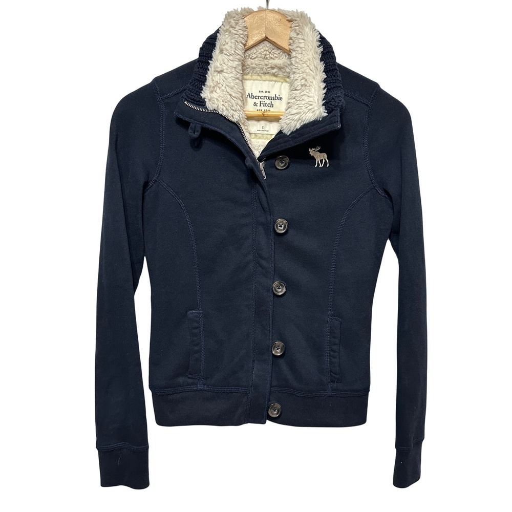 Vintage Abercrombie & Fitch Y2K Fleece Jacket Women Small Navy Blue Cozy Cabin